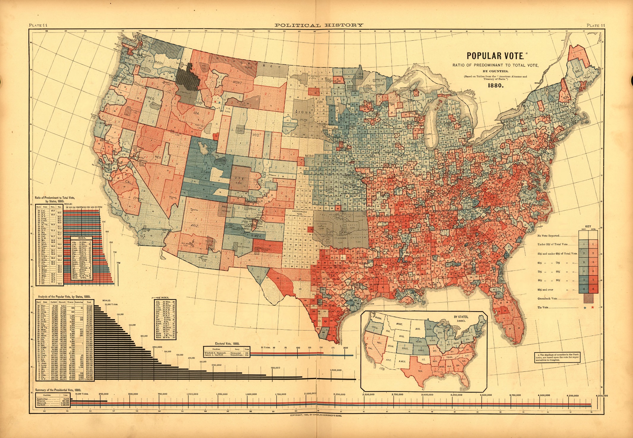 Rysunek 2. Mapa przedstawiająca wyniki wyborów prezydenckich w 1880 r. w USA Źródło: http://www.mappingthenation.com/blog/the-nations-first-electoral-map/ 