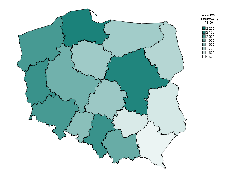 Rysunek 4. Przykładowy kartogram przygotowany w PS IMAGO PRO prezentujący dane w podziale na regiony