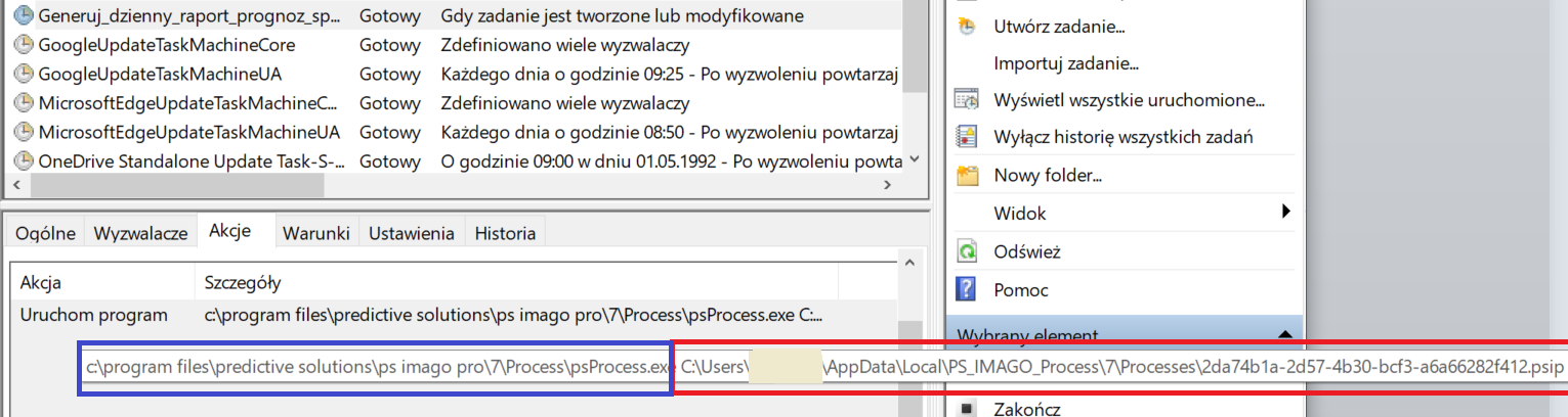 Rys 6. Zakładka Akcje przykładowego zadania w Harmonogramie zadań systemu Windows