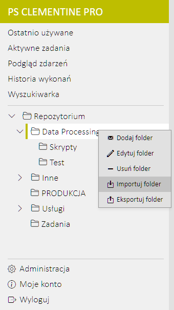 Menu kontekstowe umożliwia eksportowanieoraz importowanie folderów w PS CLEMENTINE PRO