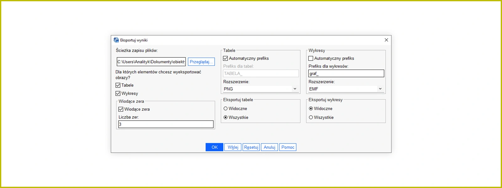 Okno dialogowe procedury Eksportuj wyniki