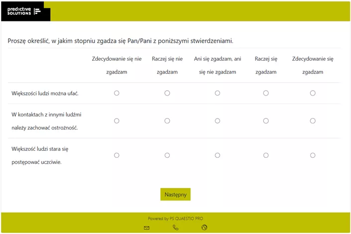 Okienko PS QUAESTIO PRO, przedstawiające przykład skali Likerta