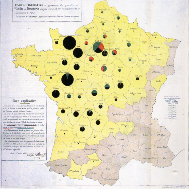 diagram Minarda pokazujący ilość bydła wysyłanego z różnych regionów Francji do Paryża